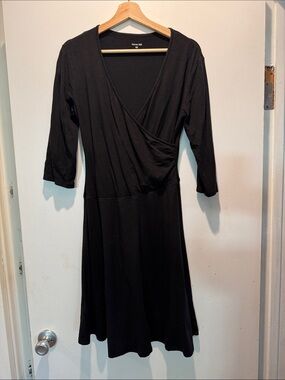 Garnet Hill Black Faux-Wrap Midi Dress
